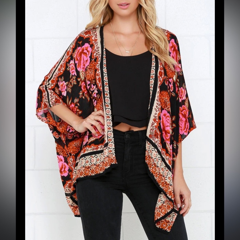 50%offw❤️ En Creme Rose Print Open Front Kimono Cardigan M Sk006482